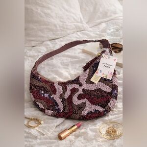 NWT Handcrafted in India Beaded Shoulder Bag - Pink and Brown